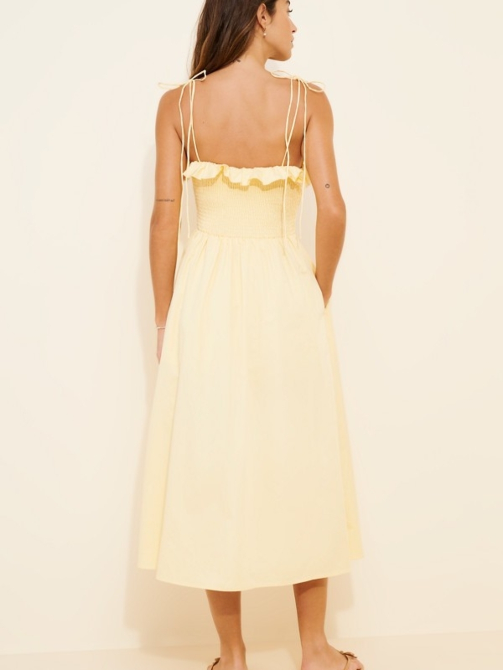 For Love & Lemons Pale Yellow Smocked Ruffle Midi Dress - Picture 2 of 7